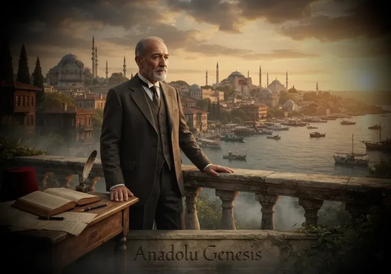 Yahya Kemal Beyatlı'nın İstanbul silüeti önünde tasvir edildiği, modern Türk şiiri ve kültürel mirasını yansıtan tarihî atmosferli görsel.