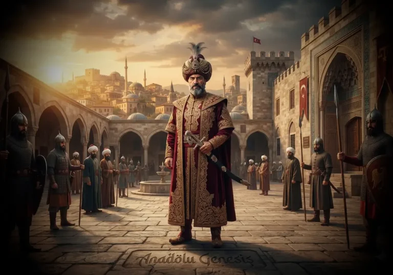 Germiyanoğulları Beyi Yakup Bey'in 14. yüzyıl Kütahya Sarayı'nda tarihî kıyafetleriyle tasvir edildiği gerçekçi sahne.