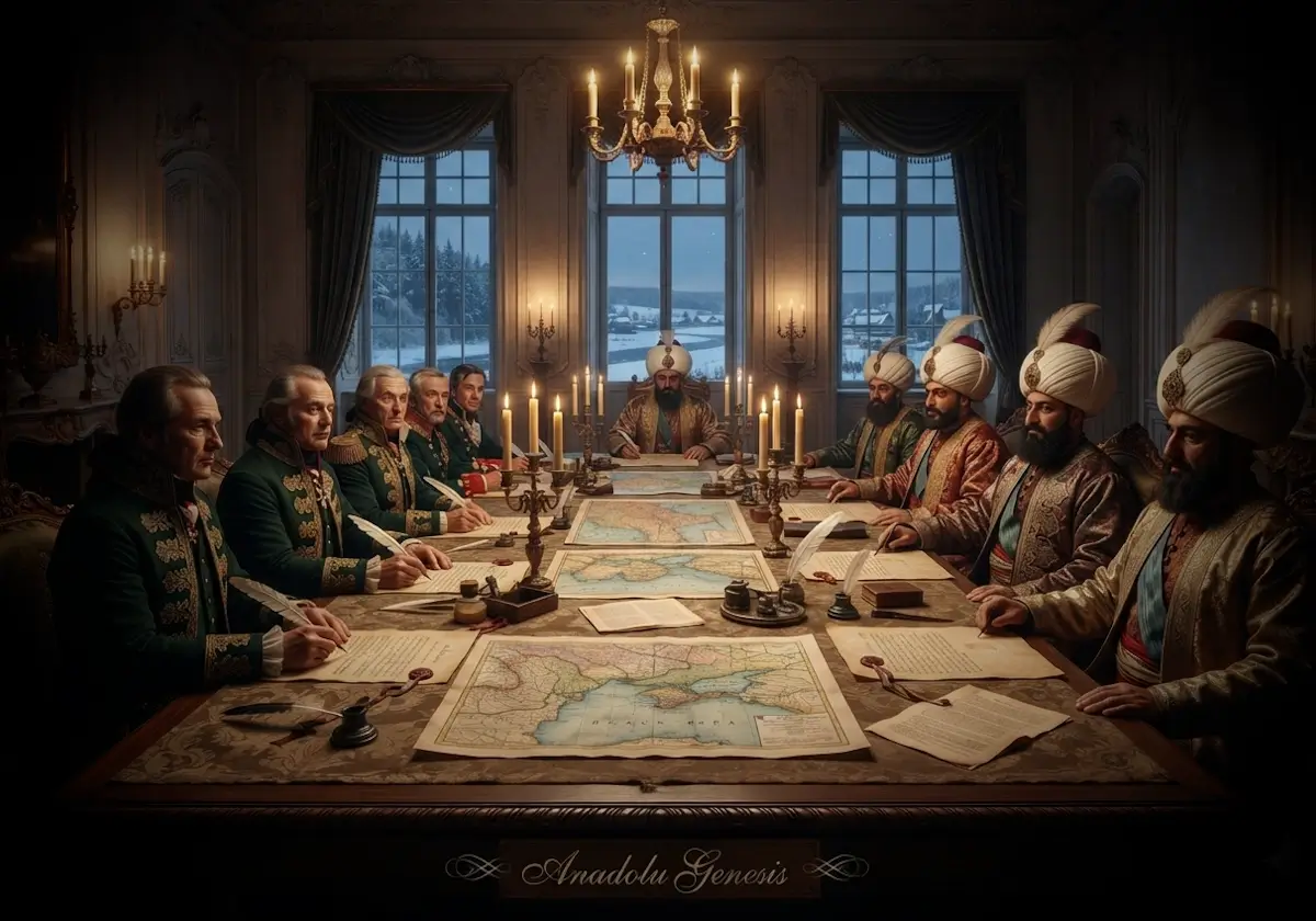 1792 Yaş Antlaşması'nın imzalanmasını ve Kırım'ın Rusya'ya bırakılmasını simgeleyen tarihî diplomatik sahnenin ayrıntılı tasviri.