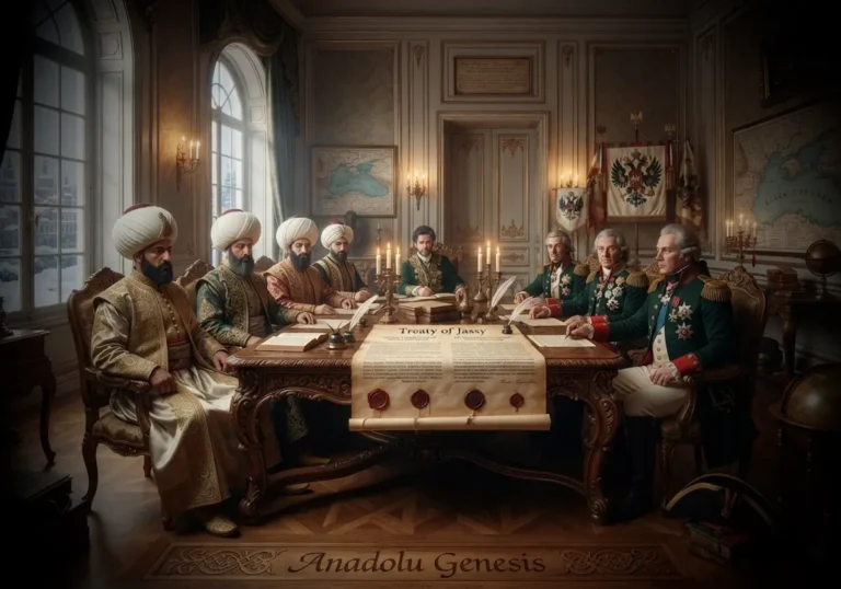 1792 Yaş Antlaşması'nın imzalanmasını betimleyen tarihî sahne; Osmanlı ve Rus heyetleri Kırım'ın statüsünü belirleyen diplomatik görüşmede.