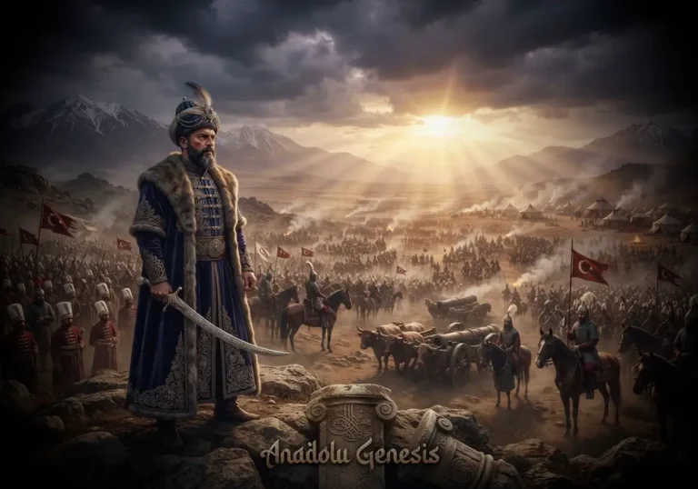 Yavuz Sultan Selim'in Doğu Seferleri sırasında Osmanlı ordusuna komuta ettiği tarihî atmosferi yansıtan, Çaldıran dönemi temalı gerçekçi sahne.
