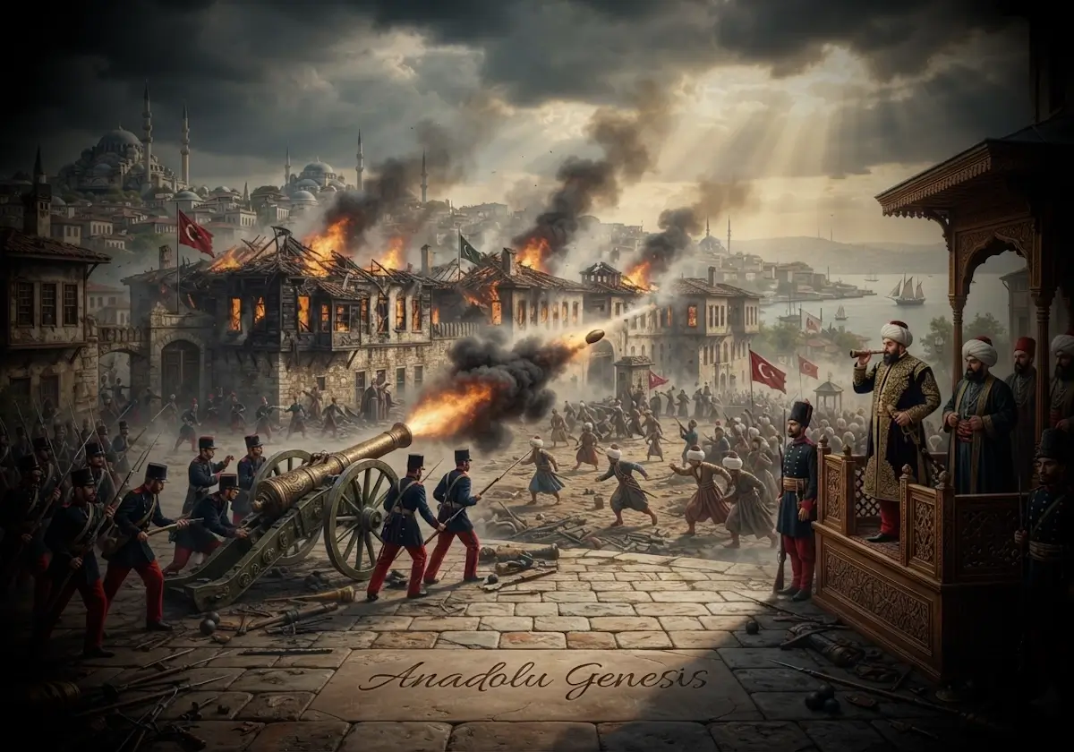 1826 Vak'a-i Hayriye sırasında İstanbul'da Yeniçeri Ocağı'nın kaldırılışını ve II. Mahmud dönemindeki askerî reformları betimleyen tarihsel sahne.