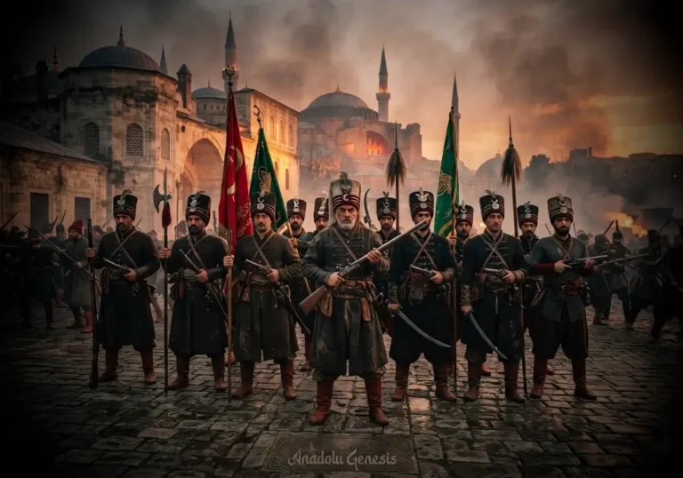 Osmanlı Yeniçeri Ocağı'nın kuruluşundan kaldırılışına uzanan tarihsel dönüşümünü betimleyen gerçekçi ve sinematik sahne.