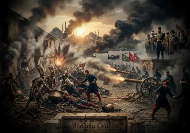1826 Vaka-i Hayriye sırasında Osmanlı topçusunun Yeniçeri kışlalarını kuşattığını gösteren tarihsel atmosferi yansıtan görsel.