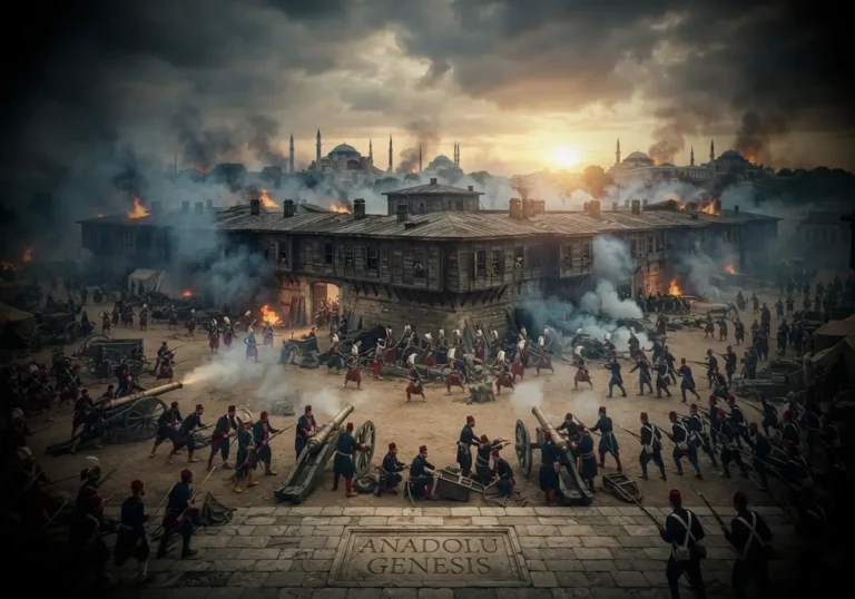 1826 Vak'a-i Hayriye sırasında İstanbul'daki Yeniçeri Kışlası ve Osmanlı topçu birliklerini tarihsel atmosfer içinde gösteren gerçekçi sahne.