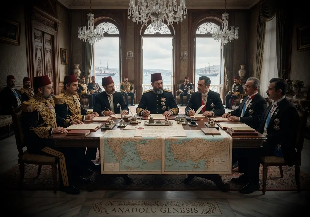 1914 Yeniköy Görüşmeleri sırasında Osmanlı ve Yunan diplomatlarının Ege Adaları'nın geleceğini görüştüğü tarihî diplomatik toplantıyı tasvir eden sahne.