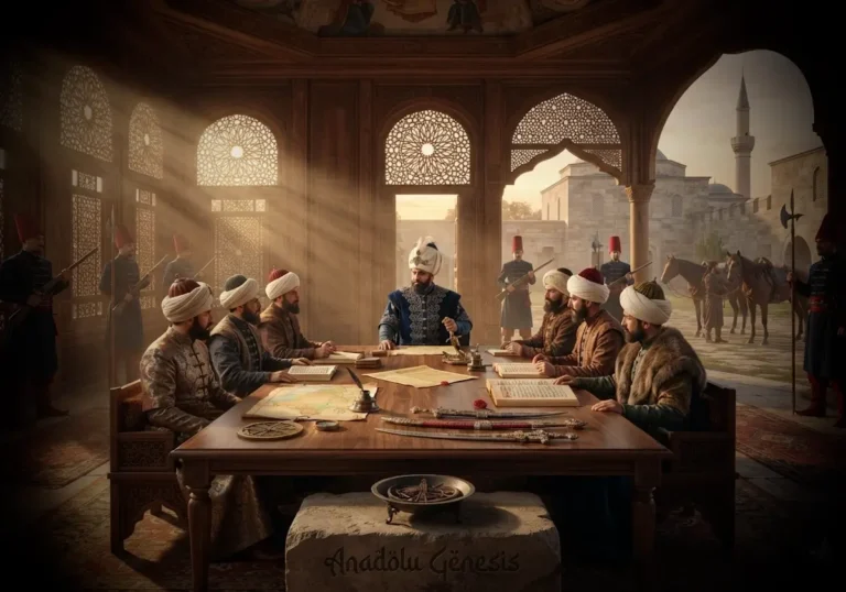 1444 Yenişehir Antlaşması sırasında Osmanlı devlet adamlarının iç düzen ve yönetim meselelerini görüştüğü tarihî meclis sahnesi.