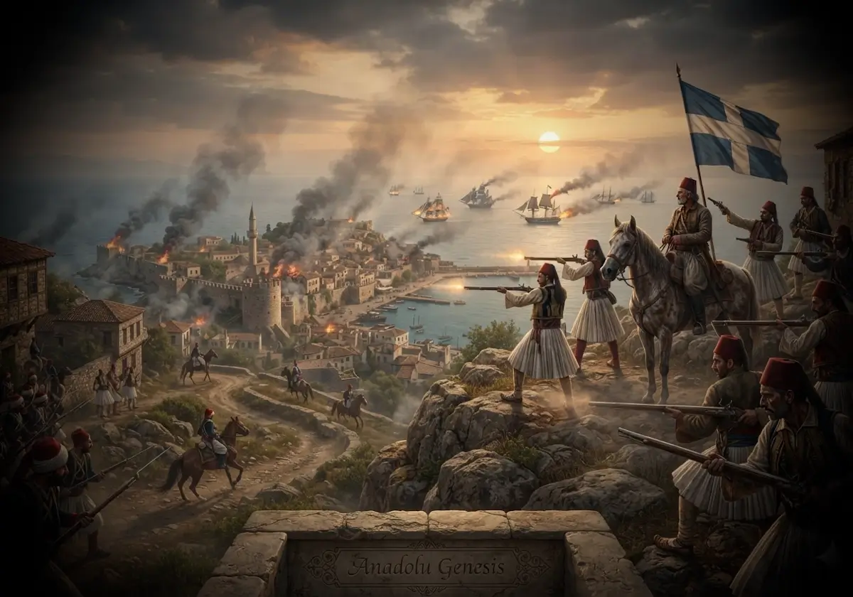 1821 Yunan Bağımsızlık Savaşı sırasında Mora'da Osmanlı kuvvetleri ile isyancıların karşı karşıya geldiği tarihî sahneyi betimleyen görsel.