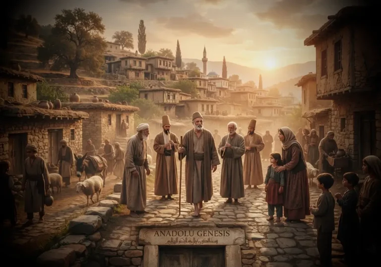 13. yüzyıl Anadolu'sunda köylülere şiir okuyan Yunus Emre'nin Türkçenin halk dili olarak gelişimine katkısını yansıtan tarihsel sahne.