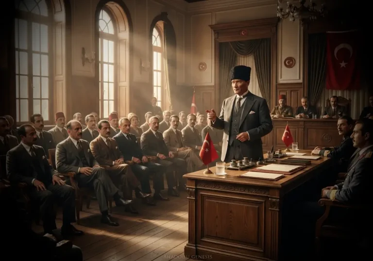 Atatürk'ün Cumhuriyet'in ilk yıllarında diplomasi ve barış vizyonunu temsil eden tarihî toplantıyı betimleyen sinematik görsel.