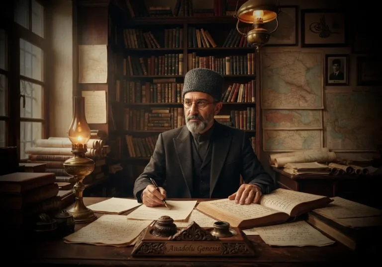 Yusuf Akçura'nın çalışma odasında tarih belgeleri ve haritalar eşliğinde tasvir edildiği tarihî ve gerçekçi görsel kompozisyon.