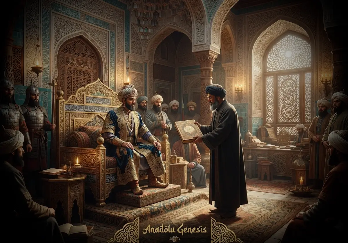 Yusuf Has Hacib'in Karahanlı sarayında Kutadgu Bilig eserini hükümdara sunduğunu betimleyen tarihî sahne.