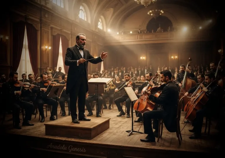 Zeki Üngör'ün Cumhuriyet'in ilk yıllarında orkestra yönettiği tarihî atmosferi yansıtan, İstiklal Marşı'nın bestecisini betimleyen görsel.