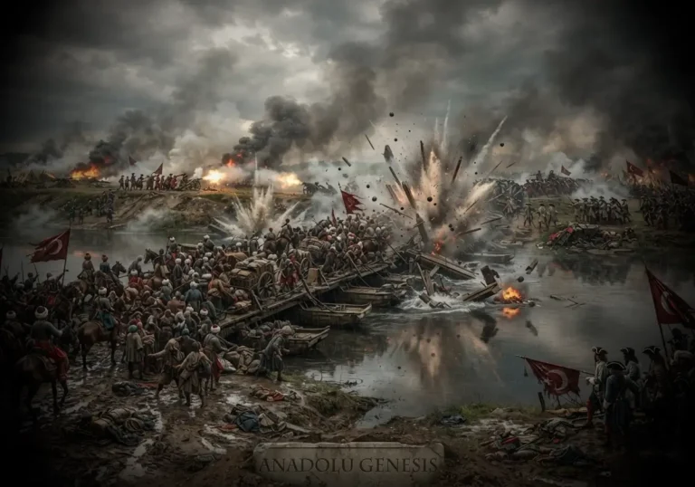 1697 Zenta Muharebesi'nde Tisa Nehri geçişi sırasında Osmanlı ordusunun yaşadığı ağır yenilgiyi gösteren tarihî savaş sahnesi.