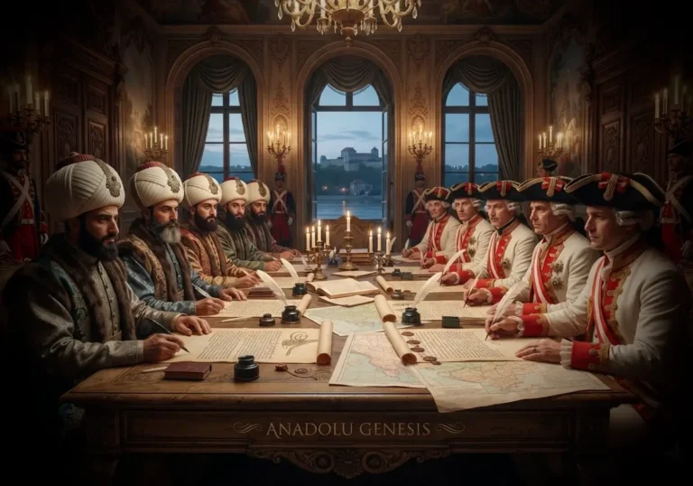 1791 Ziştovi Antlaşması görüşmelerini tasvir eden Osmanlı ve Avusturyalı diplomatların tarihî barış sahnesi.