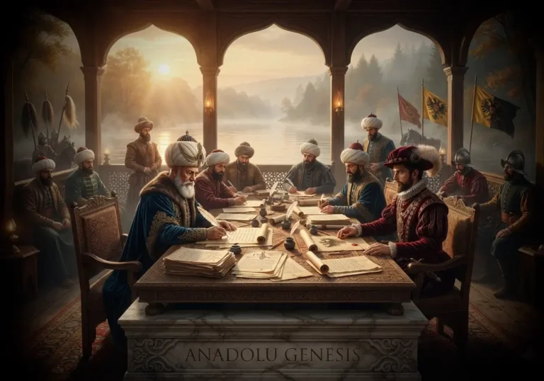 1606 Zitvatorok Antlaşması'nın Osmanlı ve Habsburg temsilcileri arasında Zsitva Nehri kıyısında imzalanışını gösteren tarihî canlandırma.