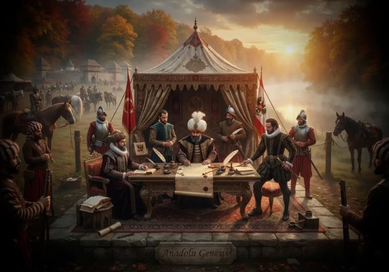 1606 Zitvatorok Antlaşması görüşmelerini tasvir eden tarihî sahnede Osmanlı ve Habsburg elçileri barış müzakereleri yürütüyor.