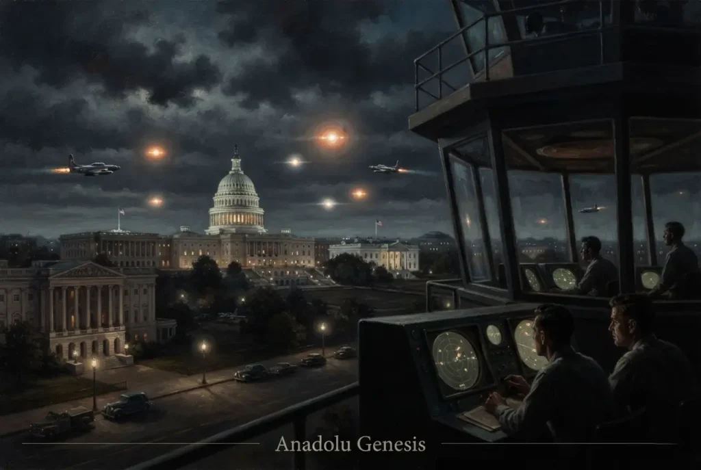 1952 Washington UFO olaylarında Beyaz Saray üzerinde görülen ışıklar ve onları izleyen radar ekiplerini betimleyen sinematik sahne