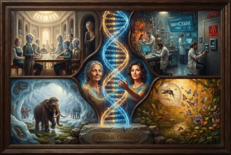CRISPR çağında tasarım bebekler, mamutlar, gene drive ve uzun yaşam arayışını birleştiren spekülatif gelecek sahnesi.