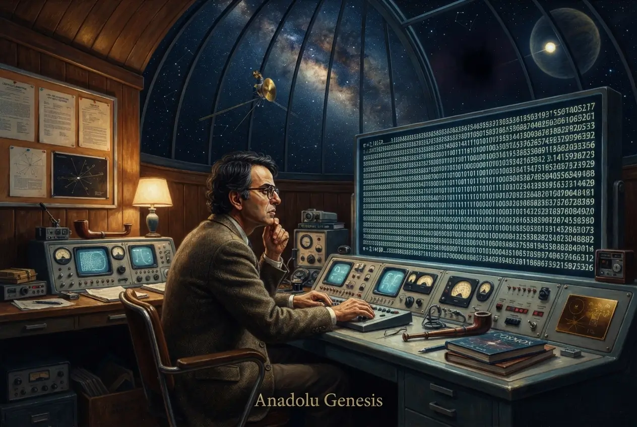 Carl Sagan, π içindeki sembolik mesaj, Voyager Altın Plakları ve sessiz evren fikrini bir araya getiren kozmik sahne