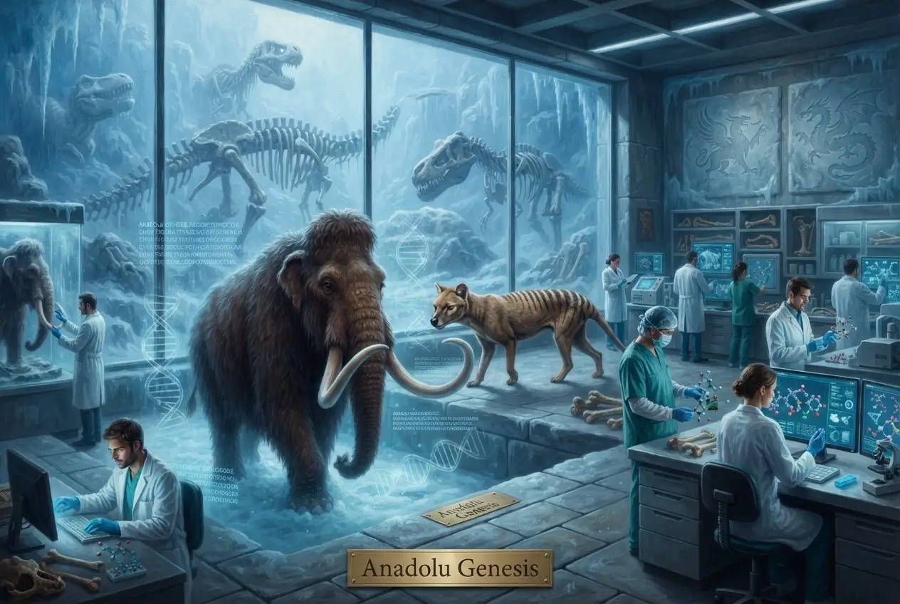 CRISPR ile mamut ve tazmanya kaplanı gibi nesli tükenmiş canlıların yeniden canlandırılmasını anlatan bilimsel ve mitolojik sahne