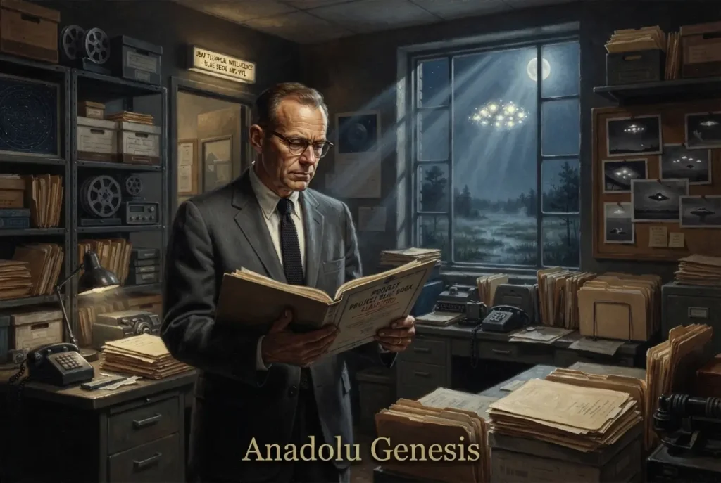 Dr. J. Allen Hynek’in Project Blue Book dosyaları arasında UFO vakalarını incelerken betimlendiği sinematik yağlı boya sahnesi.