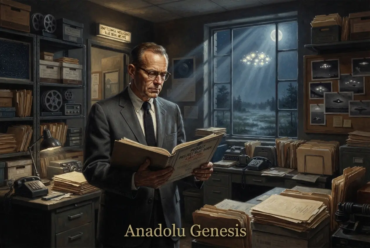 Dr. J. Allen Hynek’in Project Blue Book dosyaları arasında UFO vakalarını incelerken betimlendiği sinematik yağlı boya sahnesi.