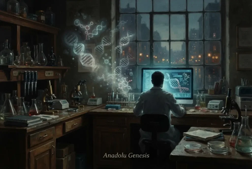 CRISPR, biohacking ve sentetik salgın korkularını simgeleyen karanlık bir laboratuvar ve genetik yapıların sinematik betimi