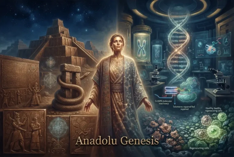 CRISPR, telomerler ve yaşlanan hücreler üzerinden insan ömrünün uzatılmasını anlatan sinematik bilimsel kompozisyon