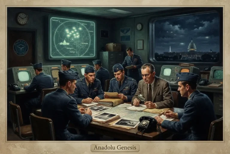 Project Blue Book dosyalarını inceleyen askerî görevliler ve Washington semalarında radarlarla izlenen tanımlanamayan cisimler