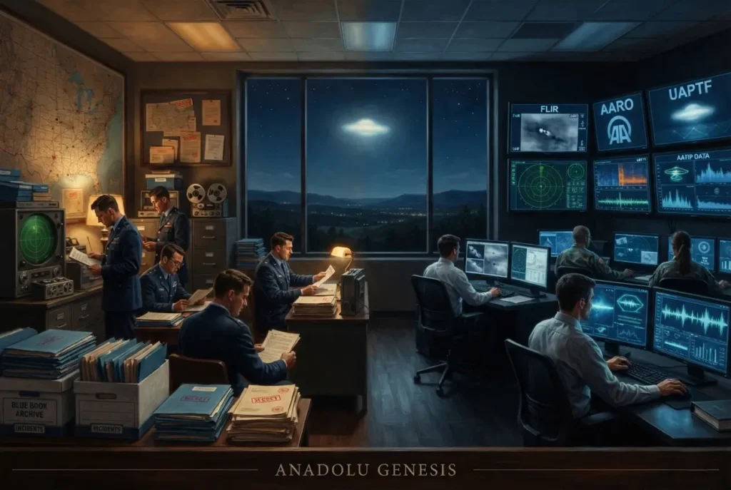 Project Blue Book’tan AATIP ve AARO’ya uzanan UAP araştırmalarını simgeleyen gizemli askerî arşiv ve radar sahnesi