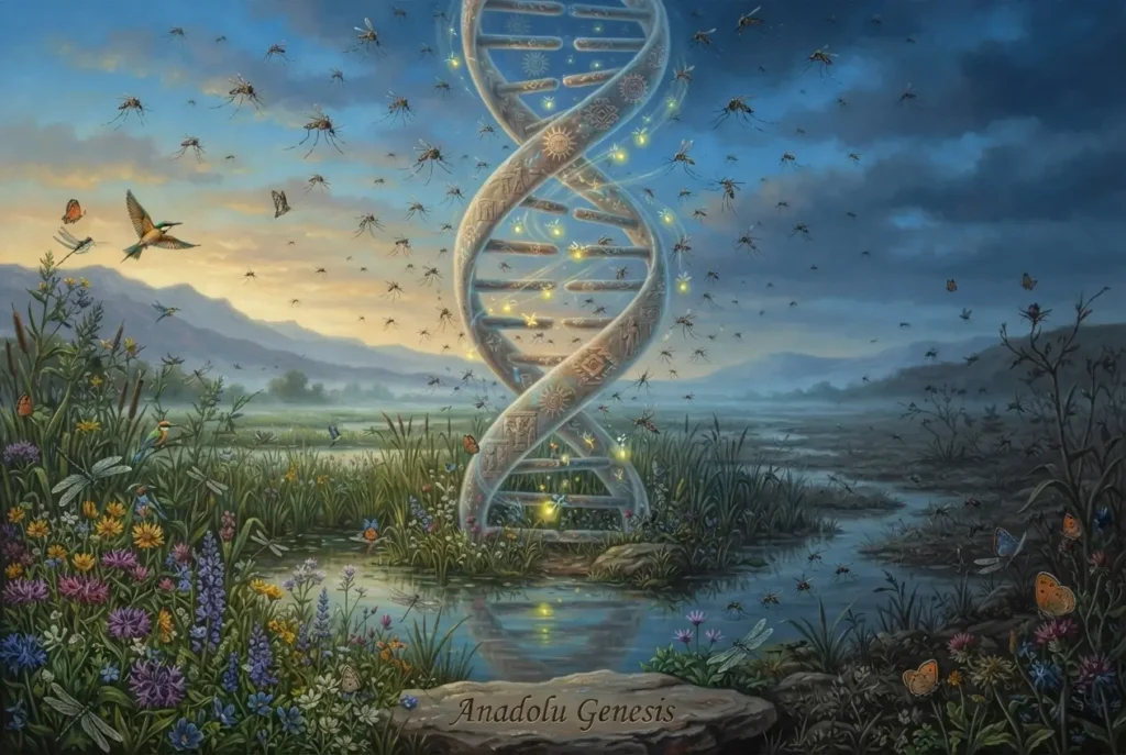 CRISPR gen sürücülerinin sivrisinek popülasyonları ve ekosistem üzerindeki olası etkilerini anlatan spekülatif Anadolu sahnesi