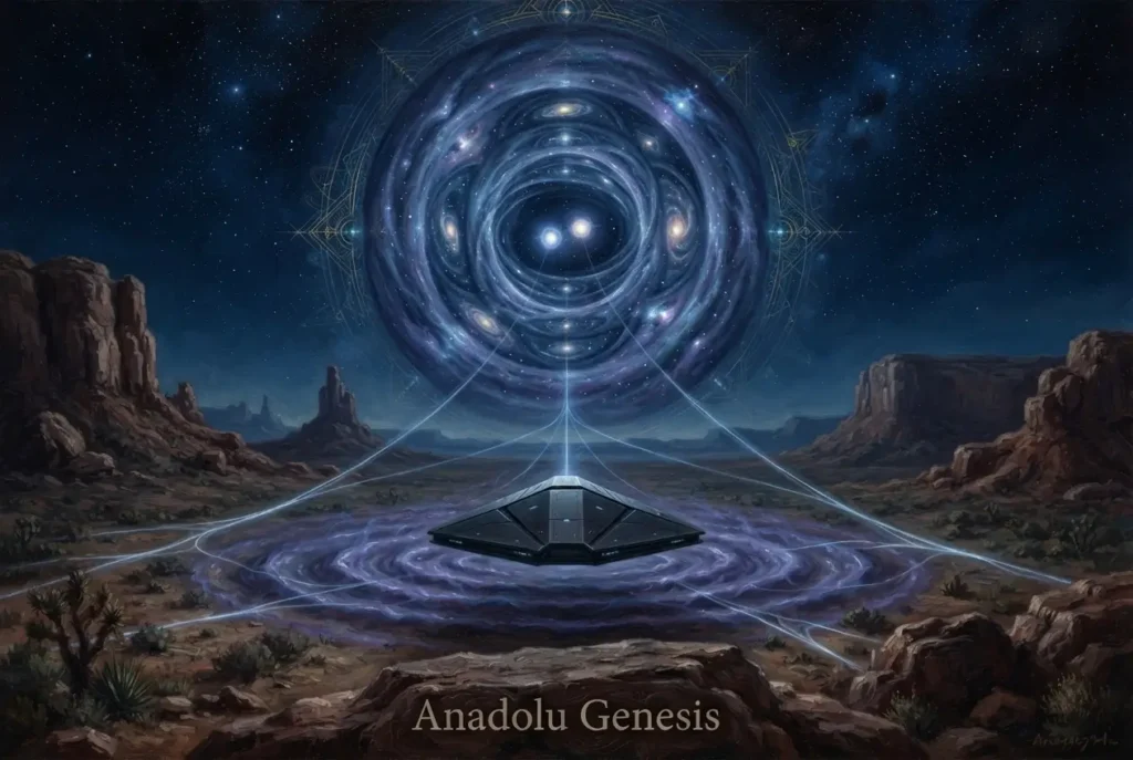 Zeta Reticuli ile Dünya arasında açıldığı varsayılan solucan deliği ve antimadde destekli uzay aracını gösteren sinematik kozmik sahne