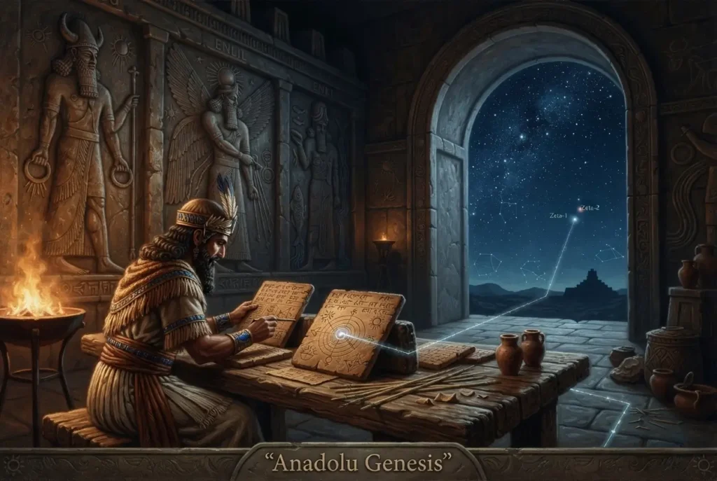 Sümer rahipleri, Anunnaki sembolleri ve Zeta Reticuli yıldız sistemini aynı kozmik sahnede buluşturan ezoterik tasvir
